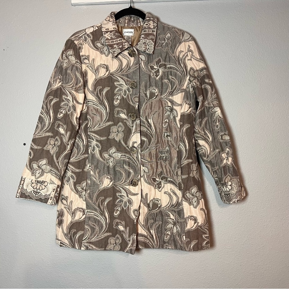 Chico's Wool Blend Blazer Coat Size 2 US Size 12 Brown Cream Damask Patterned